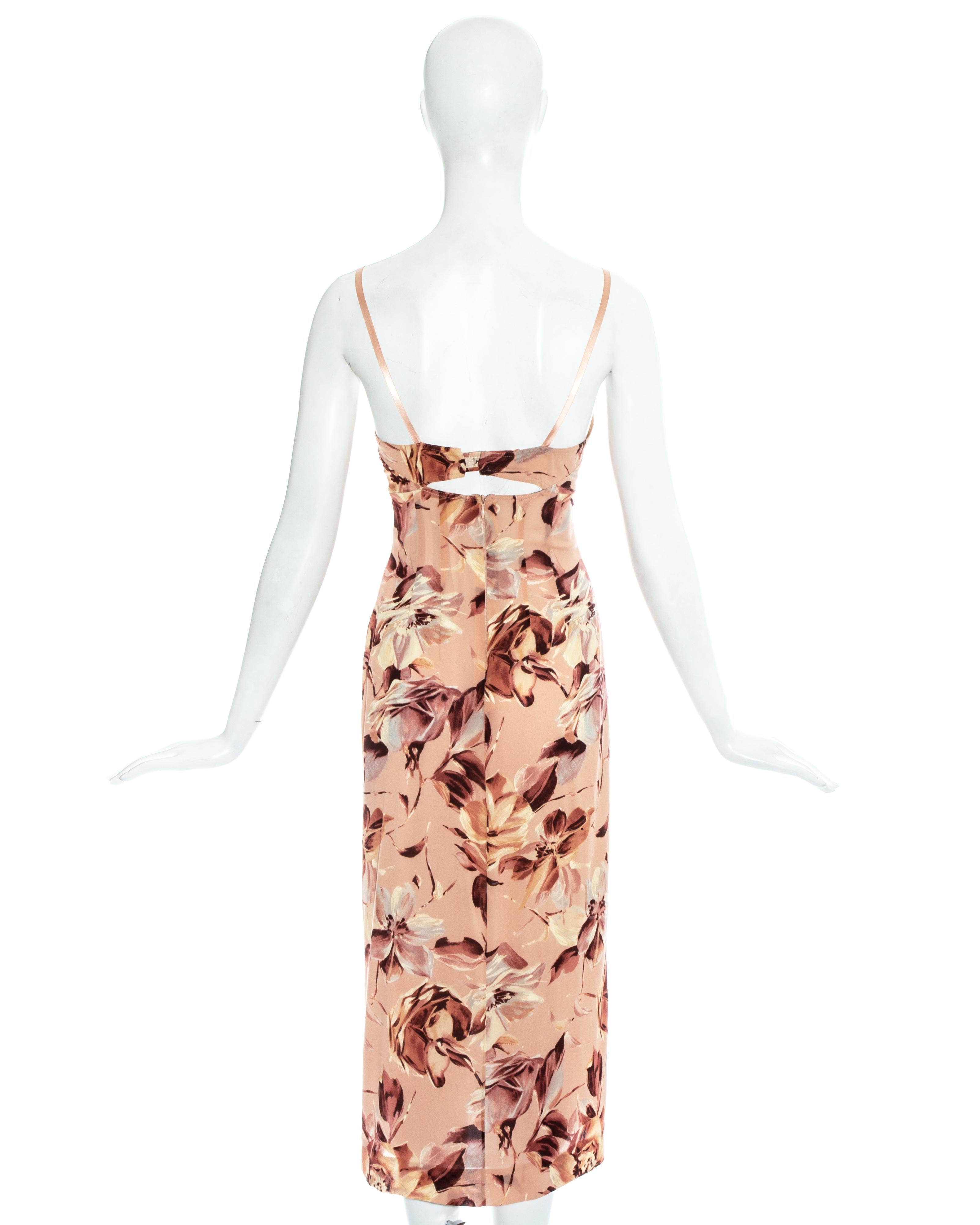 Beige Dolce & Gabbana pink floral printed silk dress, ss 1997 For Sale