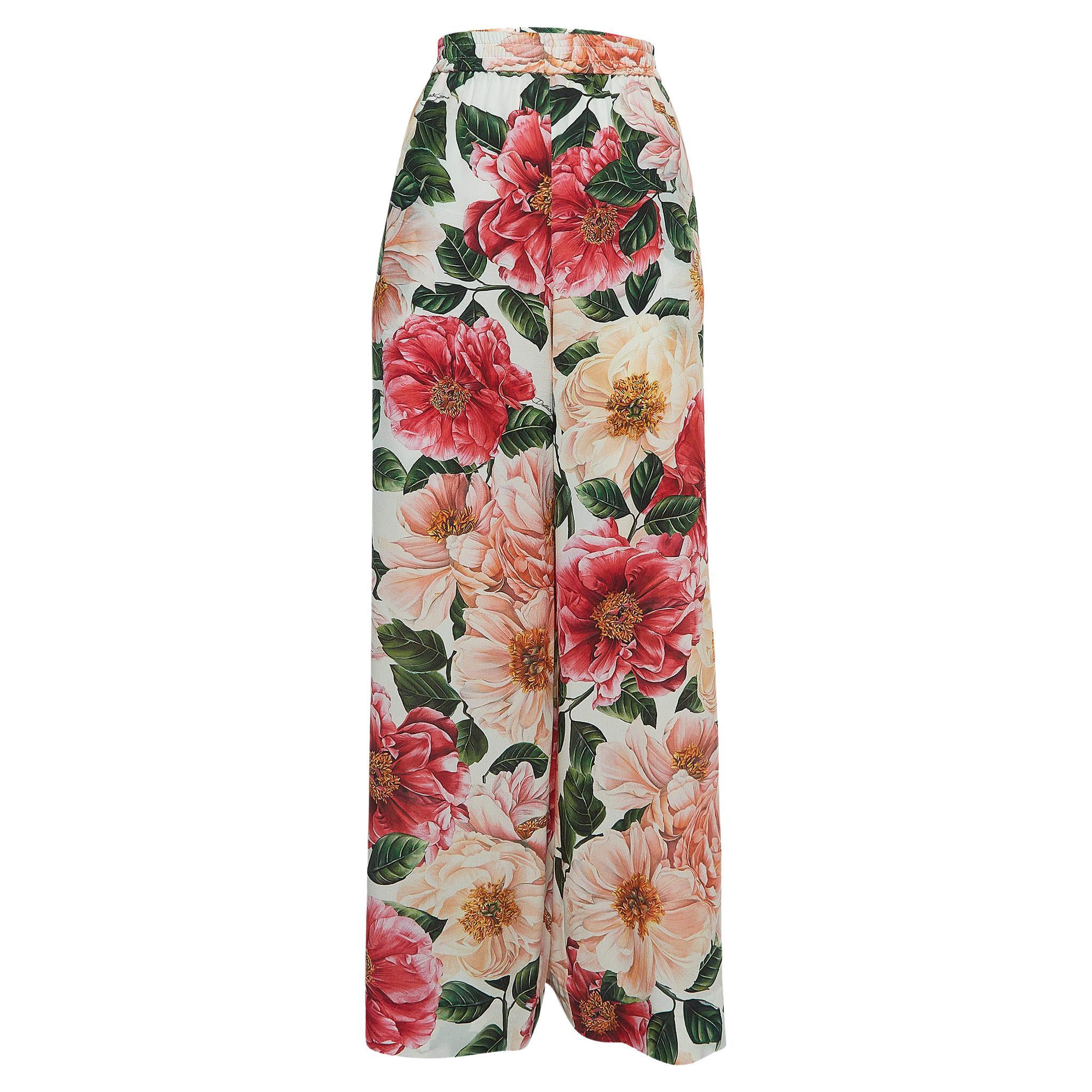 Dolce & Gabbana Pink Floral Printed Silk Wide Leg Pants XL