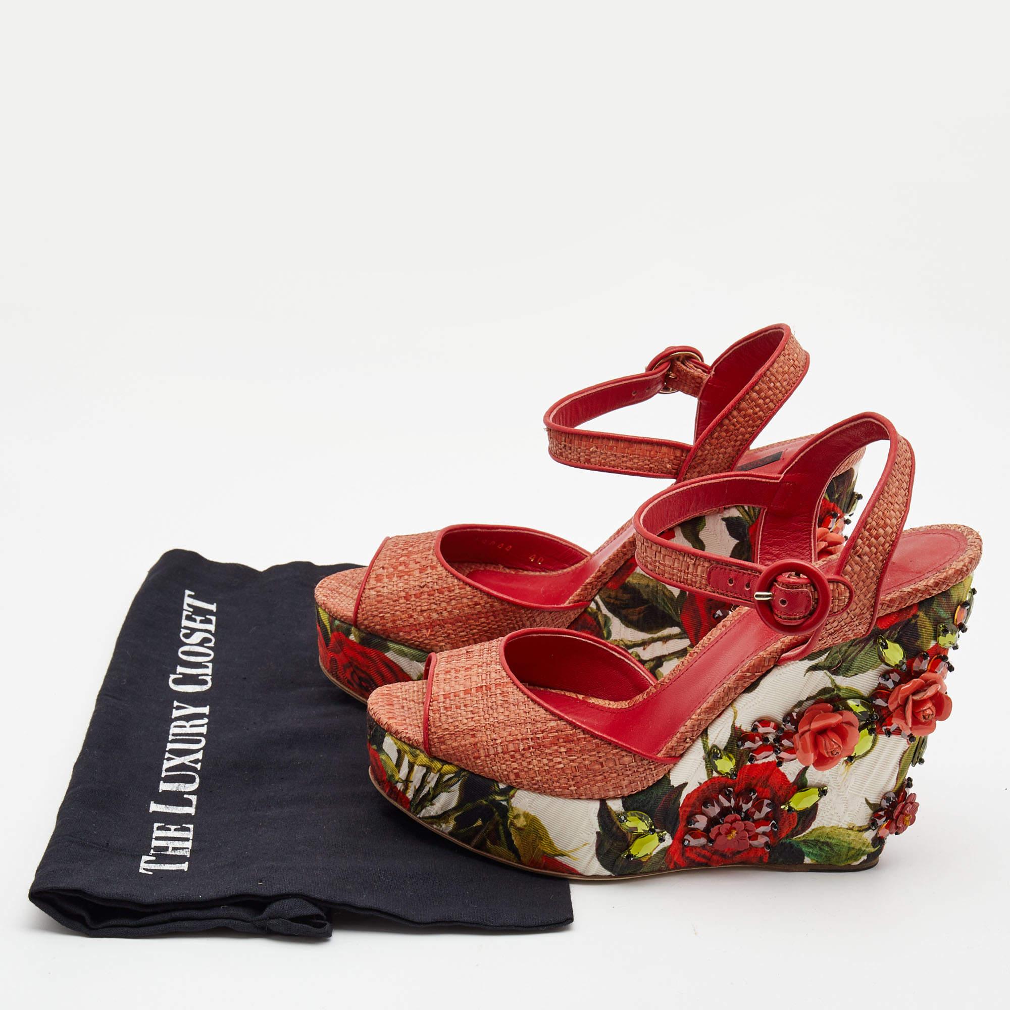Dolce & Gabbana Pink Floral Raffia Wedge Platform Ankle Strap Sandals For Sale 5