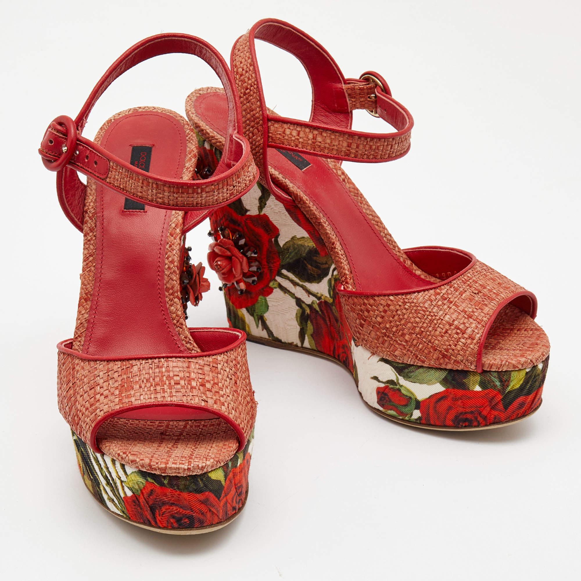 Brown Dolce & Gabbana Pink Floral Raffia Wedge Platform Ankle Strap Sandals For Sale