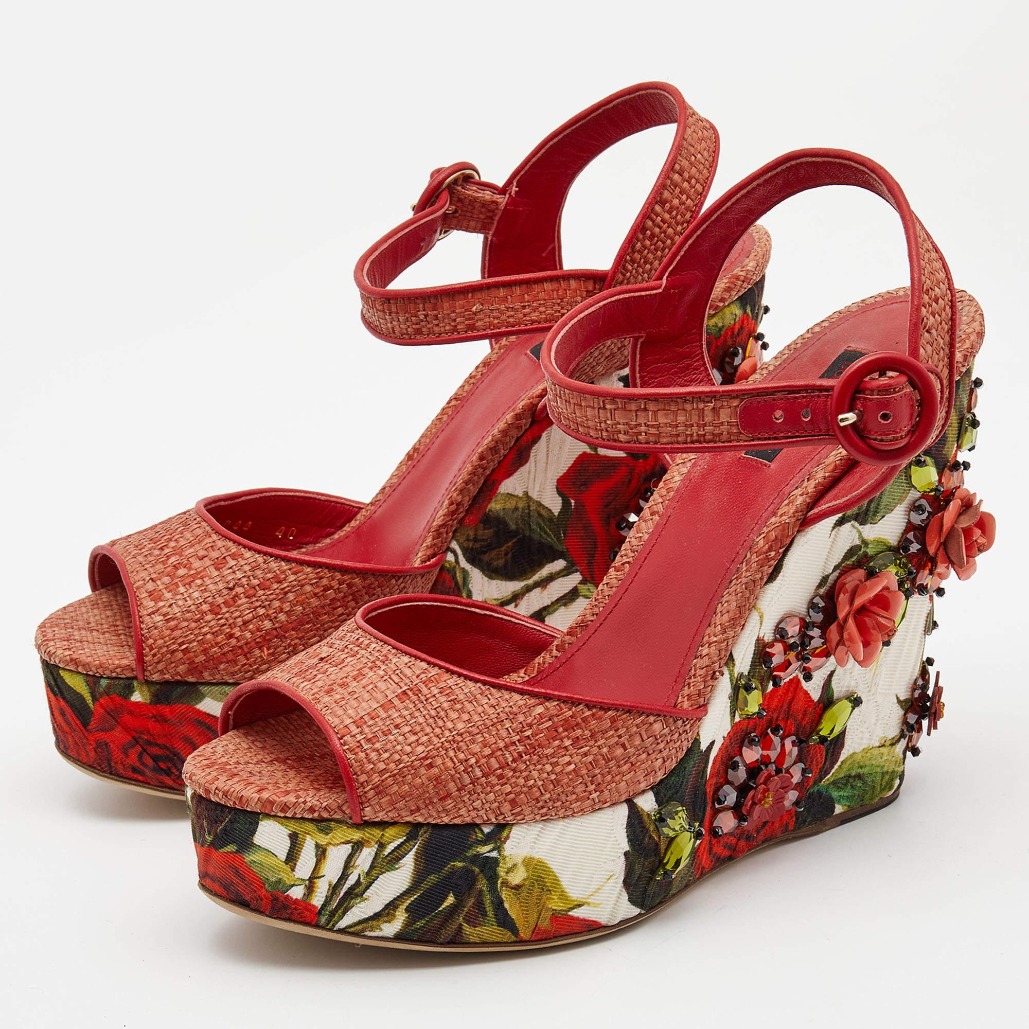 Women's Dolce & Gabbana Pink Floral Raffia Wedge Platform Ankle Strap Sandals For Sale