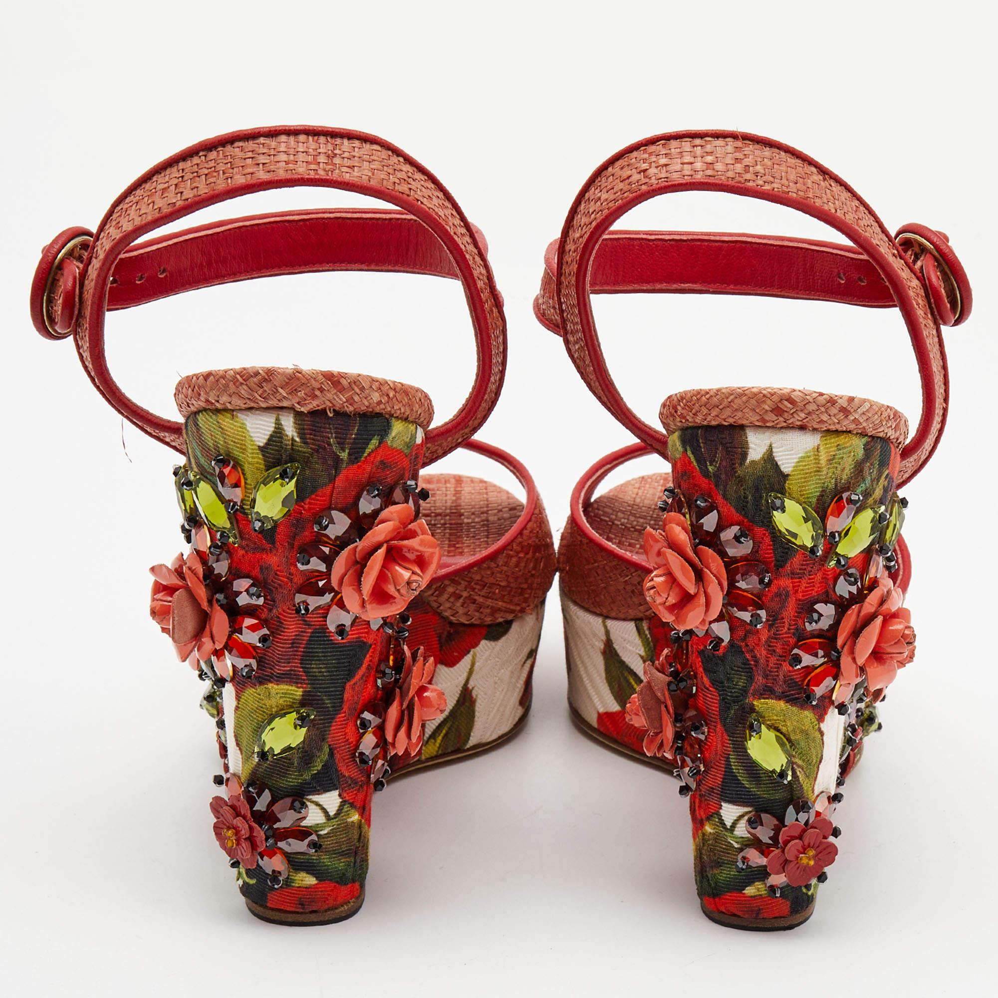 Dolce & Gabbana Pink Floral Raffia Wedge Platform Ankle Strap Sandals For Sale 3