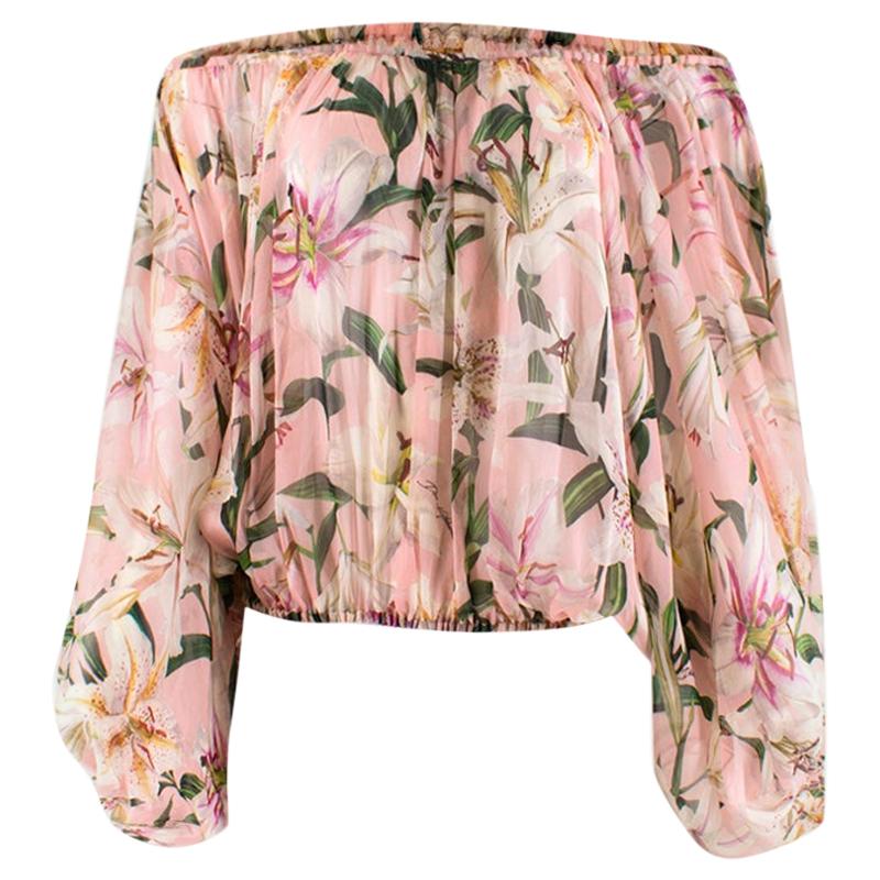  Dolce & Gabbana Pink Floral Sheer Off-Shoulder Top Size US 0-2 For Sale