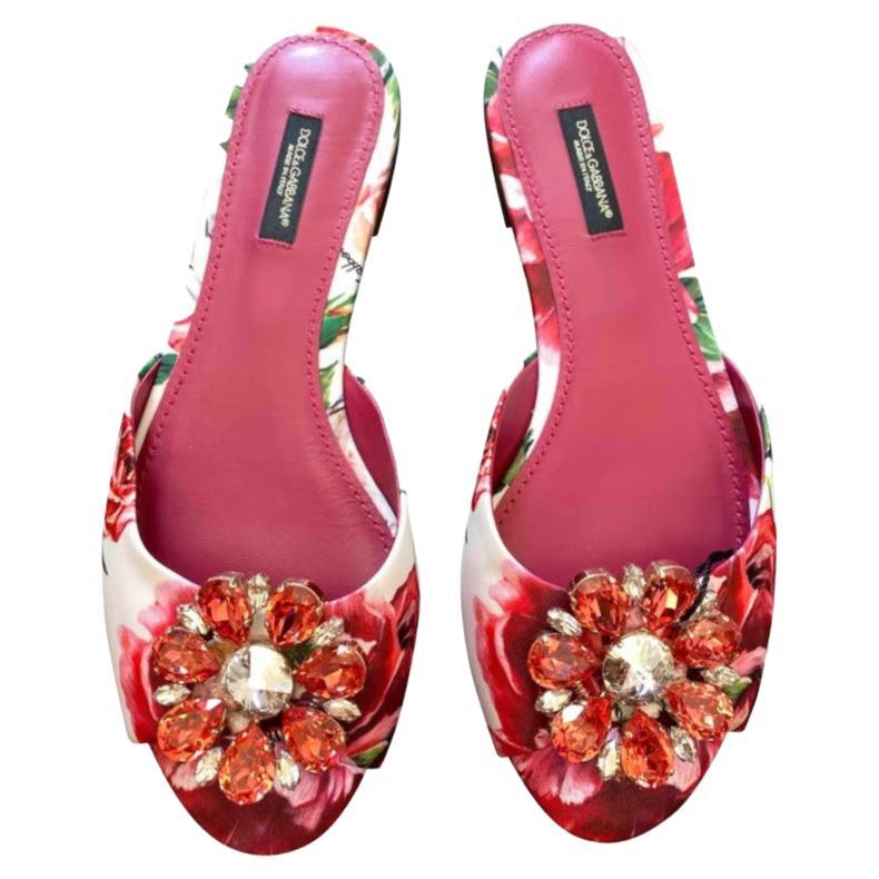 Dolce 
Gabbana Pink Floral Taormina Flats Slides Shoes Sandals Crystals