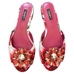 Dolce & Gabbana Pink Floral Taormina Flats Slides Shoes Sandals Crystals 