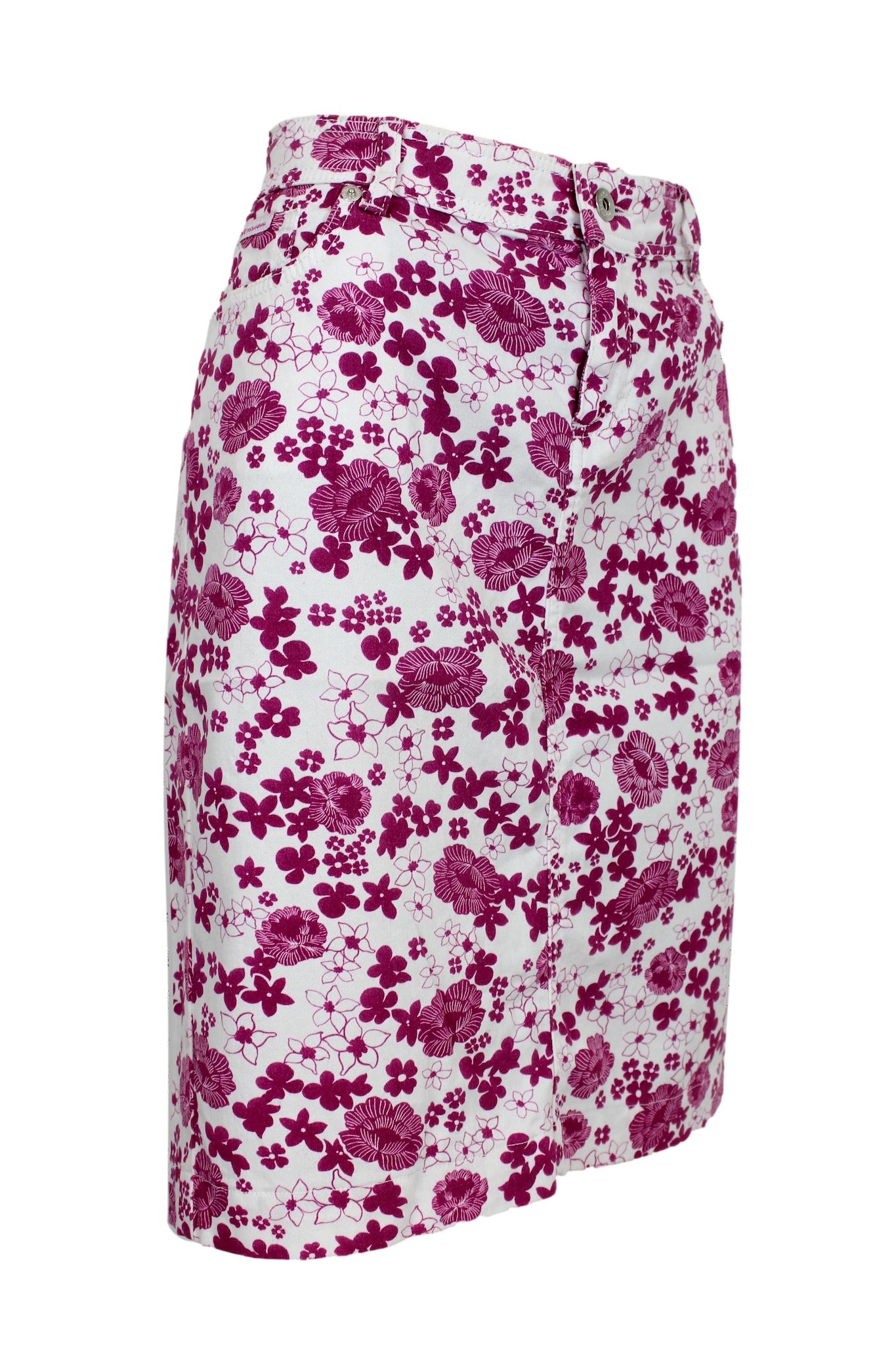 Gray Dolce & Gabbana Pink Floral Vintage Denim Skirt For Sale