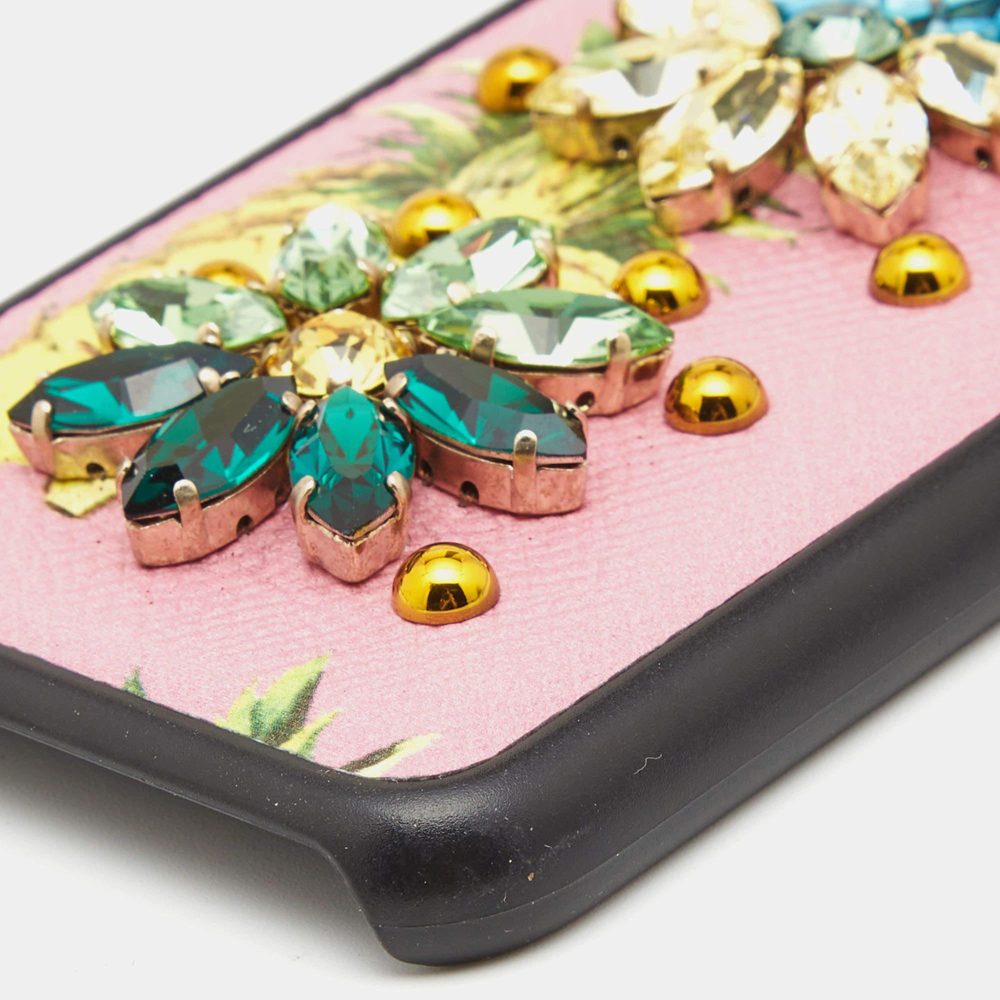 Women's Dolce & Gabbana Pink Fruit Print Leather Crystals Embellished iPhone 7 Cover