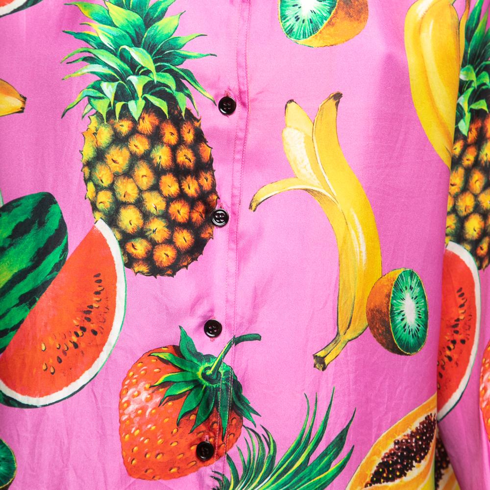 Dolce & Gabbana Pink Fruit Printed Silk Button Front Shirt M In Good Condition In Dubai, Al Qouz 2