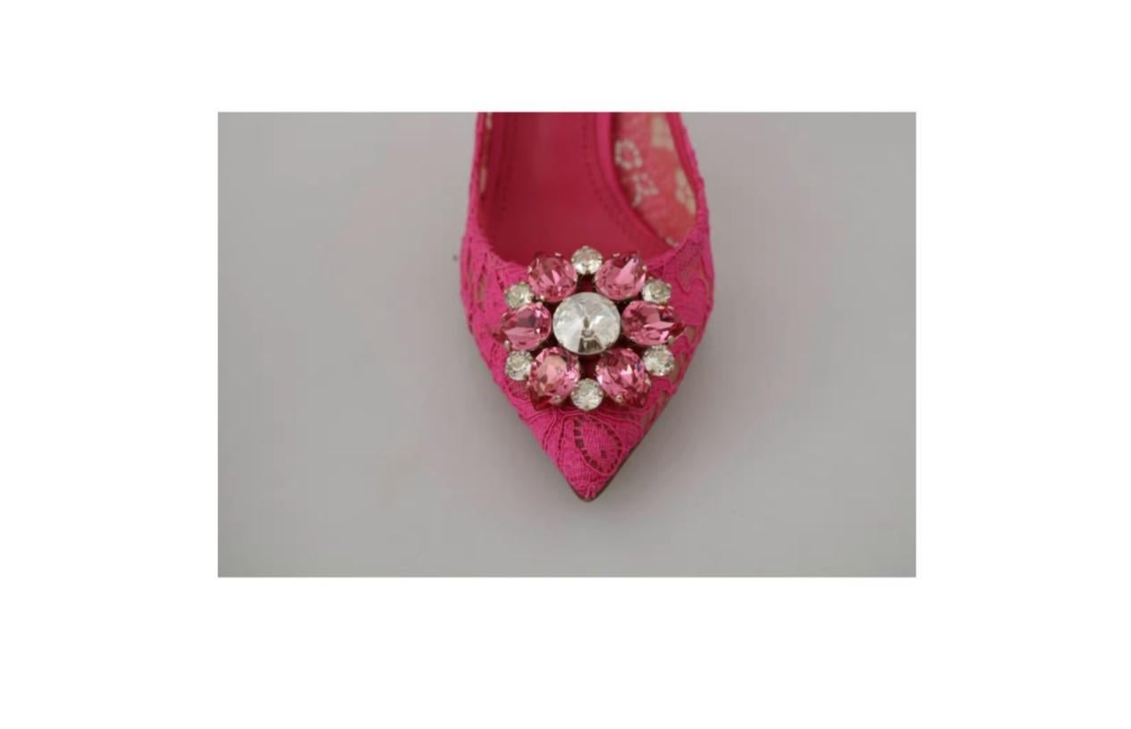 Dolce & Gabbana Pink Fuchsia Lace Heels Pumps Shoes Crystals Leather Sole Floral In New Condition In WELWYN, GB