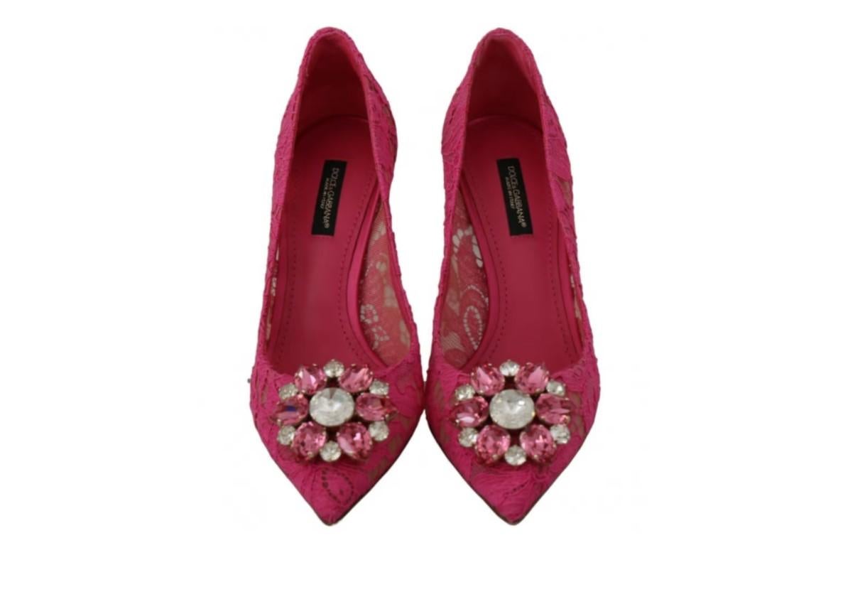 Dolce & Gabbana Pink Fuchsia Lace Heels Pumps Shoes Crystals Leather Sole Floral 1