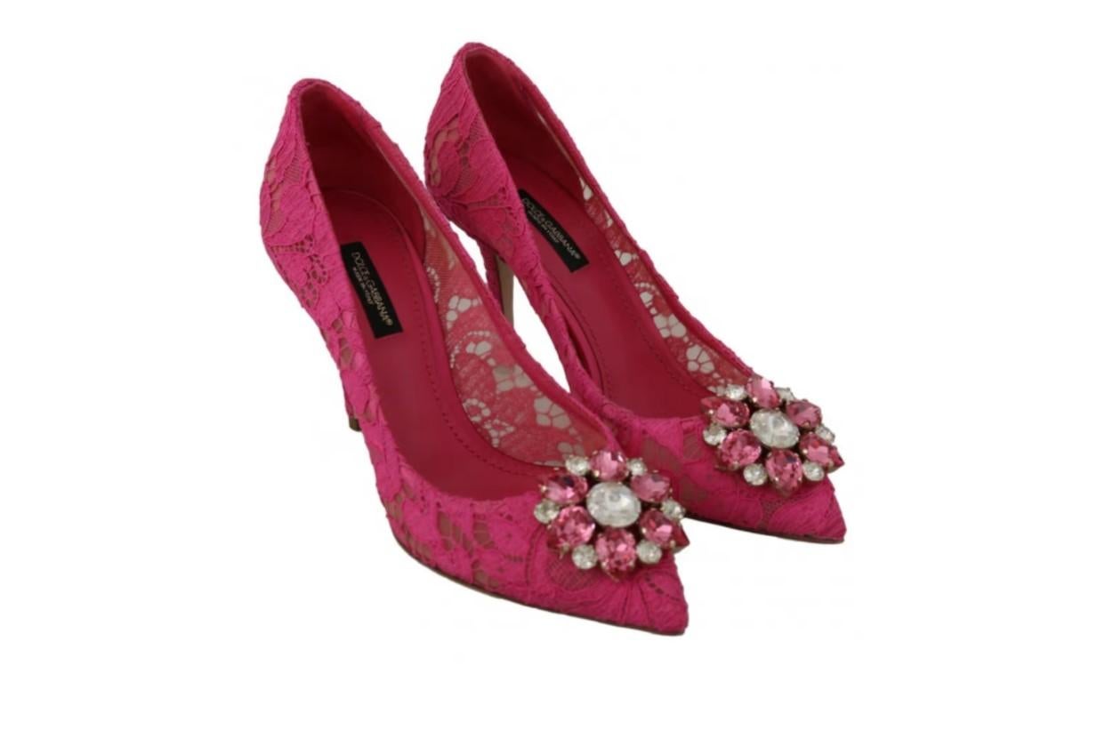 Dolce & Gabbana Pink Fuchsia Lace Heels Pumps Shoes Crystals Leather Sole Floral 2