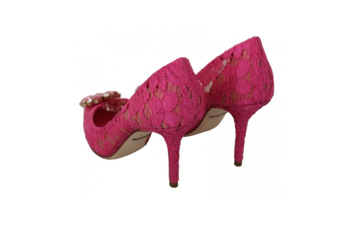 Dolce & Gabbana Pink Fuchsia Lace Heels Pumps Shoes Crystals Leather Sole Floral 3