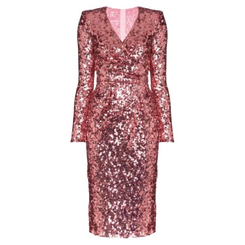 Dolce & Gabbana Pink Glitter Sequin Wrap V-neck Mid-length Dress Evening Party For Sale