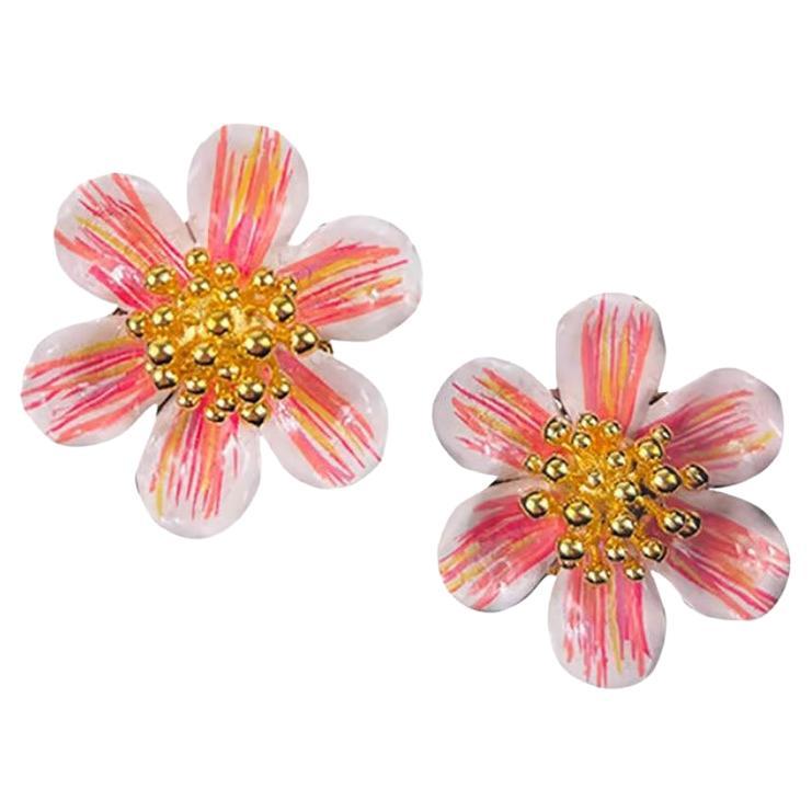 Dolce & Gabbana Pink Gold Brass Crystal Flower Camelia Earrings Clip-on Pearl
