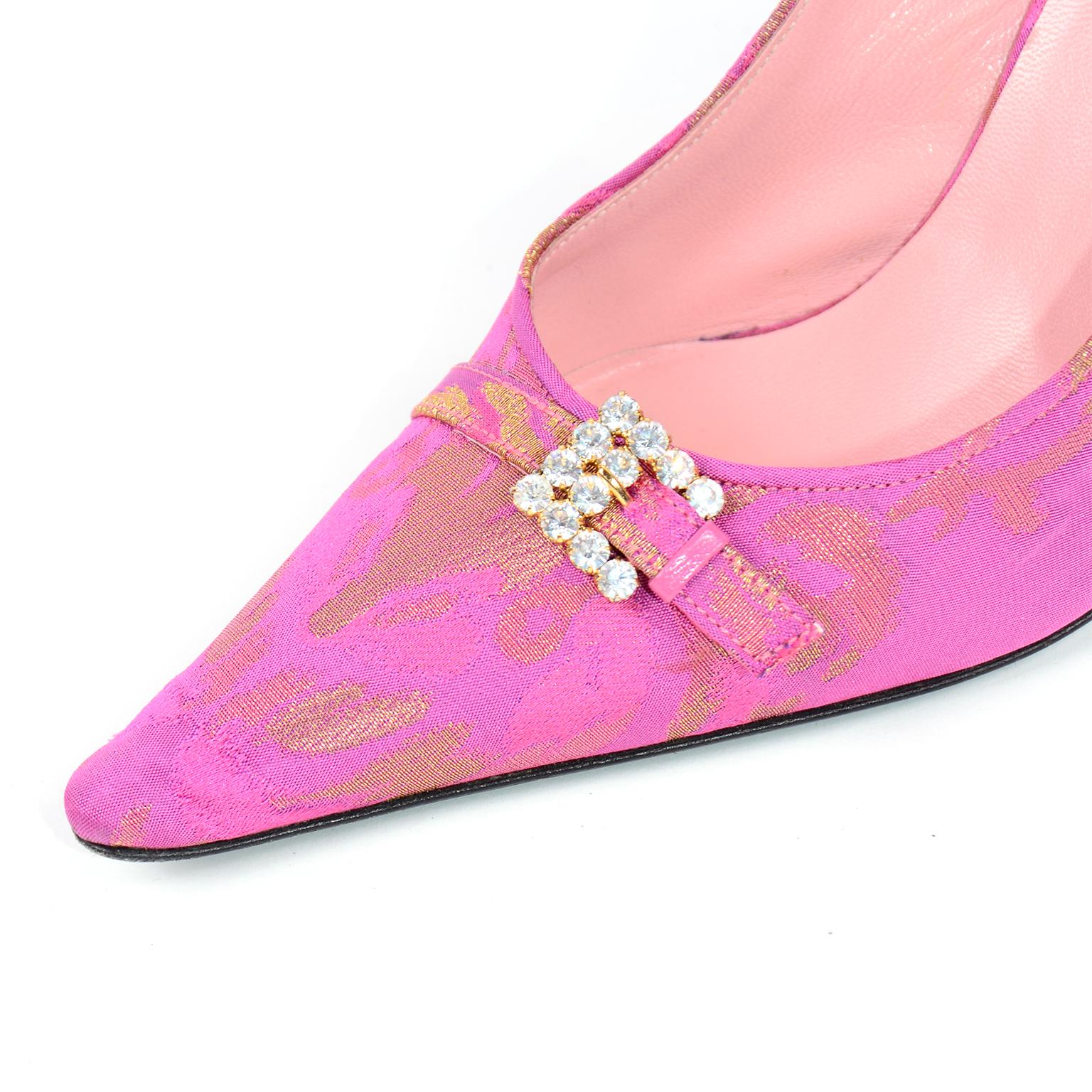 Dolce & Gabbana Pink & Gold Fabric Slingback Heels w Rhinestone Buckles 2