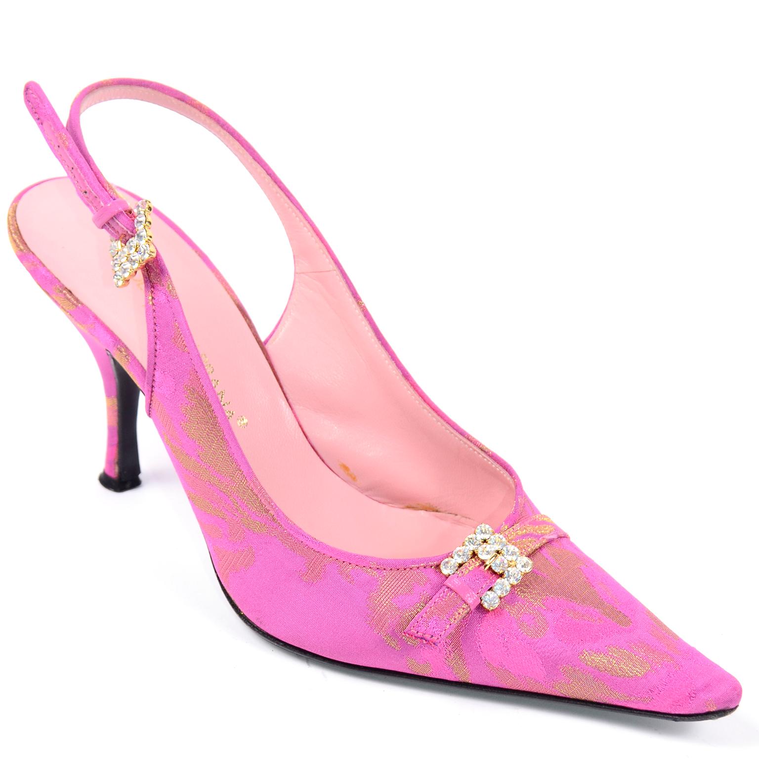 Dolce & Gabbana Pink & Gold Fabric Slingback Heels w Rhinestone Buckles 4