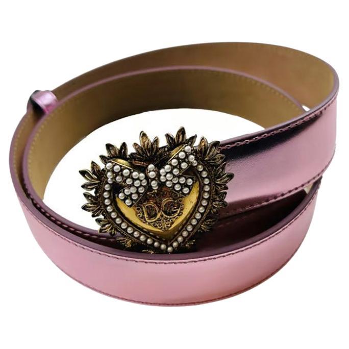 Dolce & Gabbana Pink Gold Leather Devotion Sacred Heart Belt White Pearls 85cm For Sale