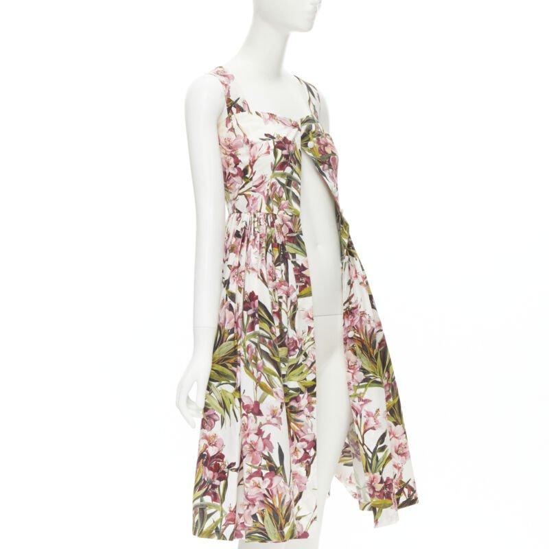 Beige DOLCE GABBANA pink green floral button fit flared cotton midi dress IT36 XS