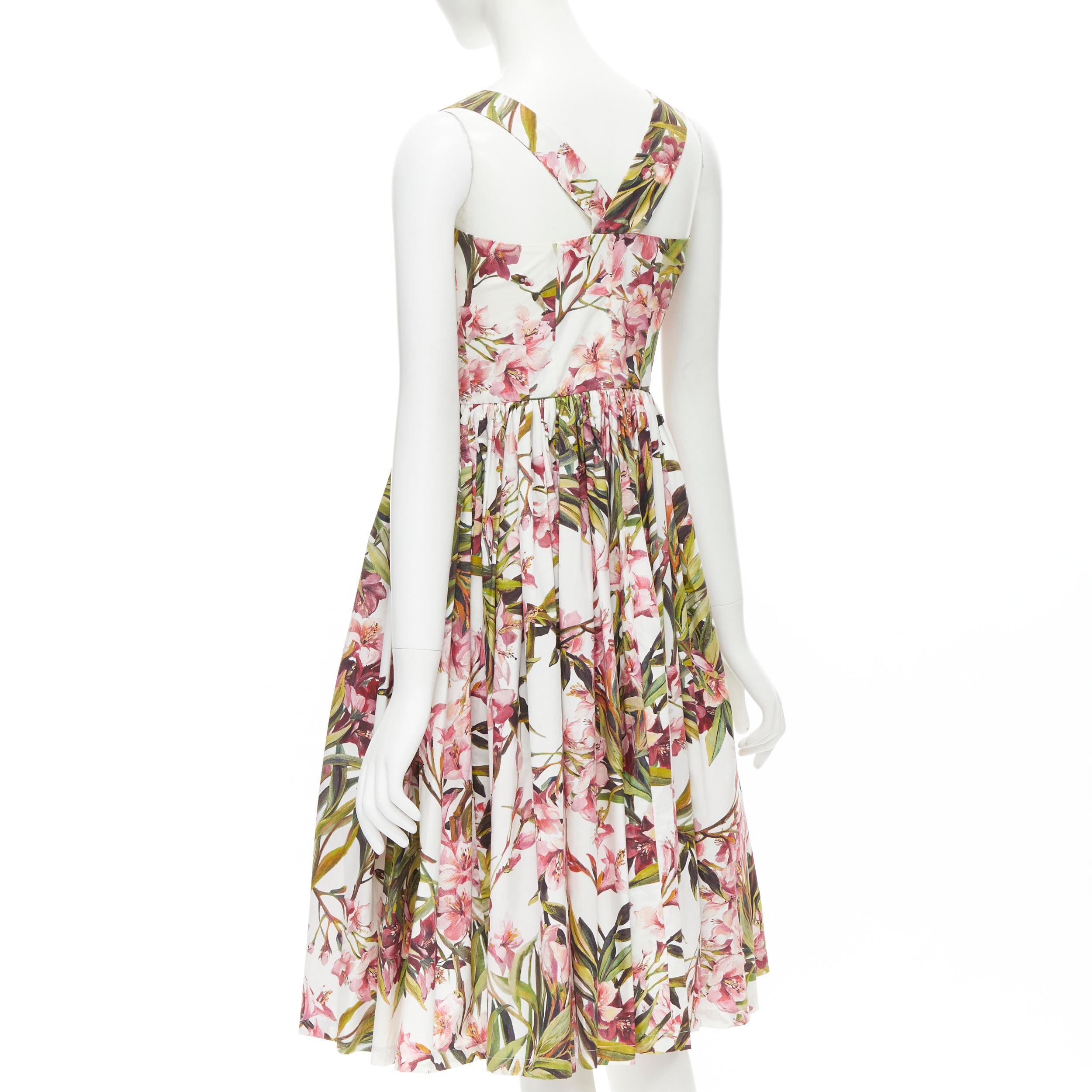 Beige DOLCE GABBANA pink green floral button fit flared cotton midi dress IT36 XS For Sale