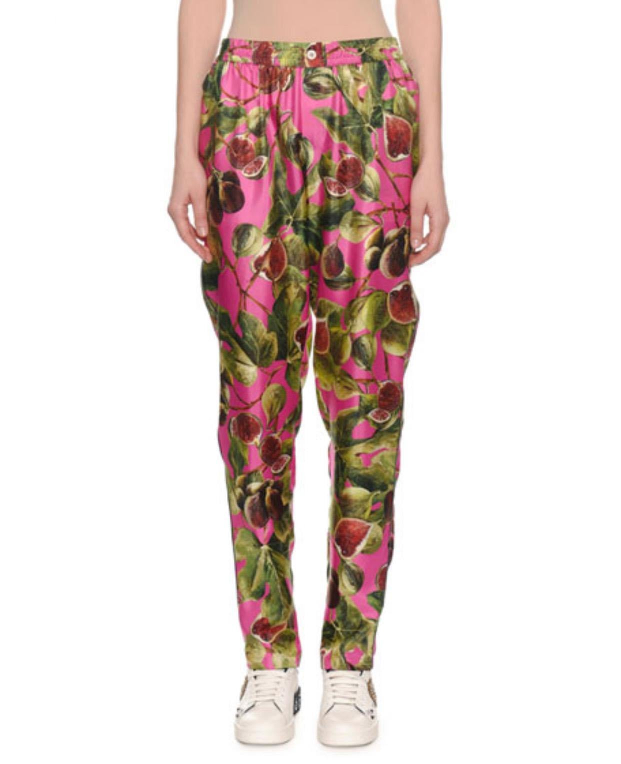 Brown Dolce & Gabbana Pink Green Silk Figs Twill Pajama Blouse & Pants Multicolor  For Sale