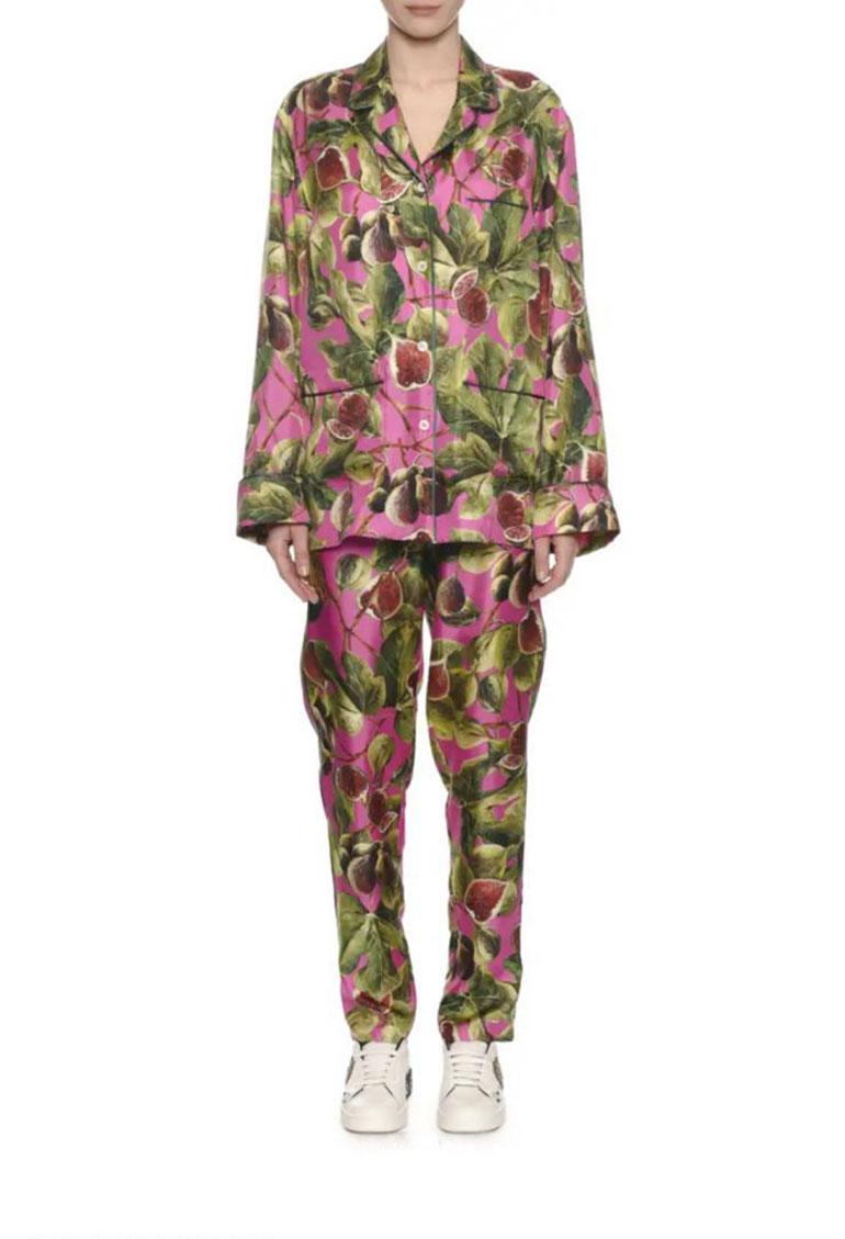 Dolce & Gabbana Pink Green Silk Figs Twill Pajama Blouse & Pants Multicolor  In New Condition For Sale In WELWYN, GB