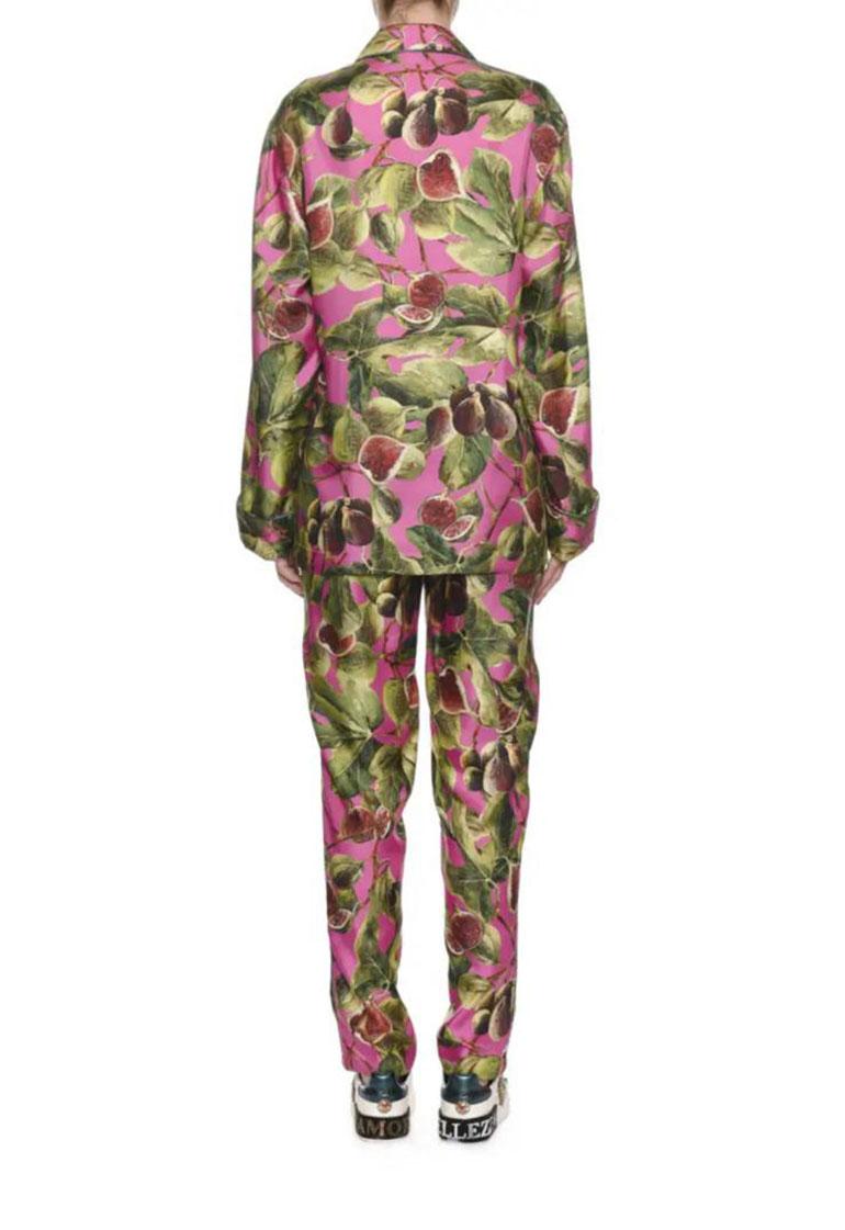 Women's Dolce & Gabbana Pink Green Silk Figs Twill Pajama Blouse & Pants Multicolor  For Sale