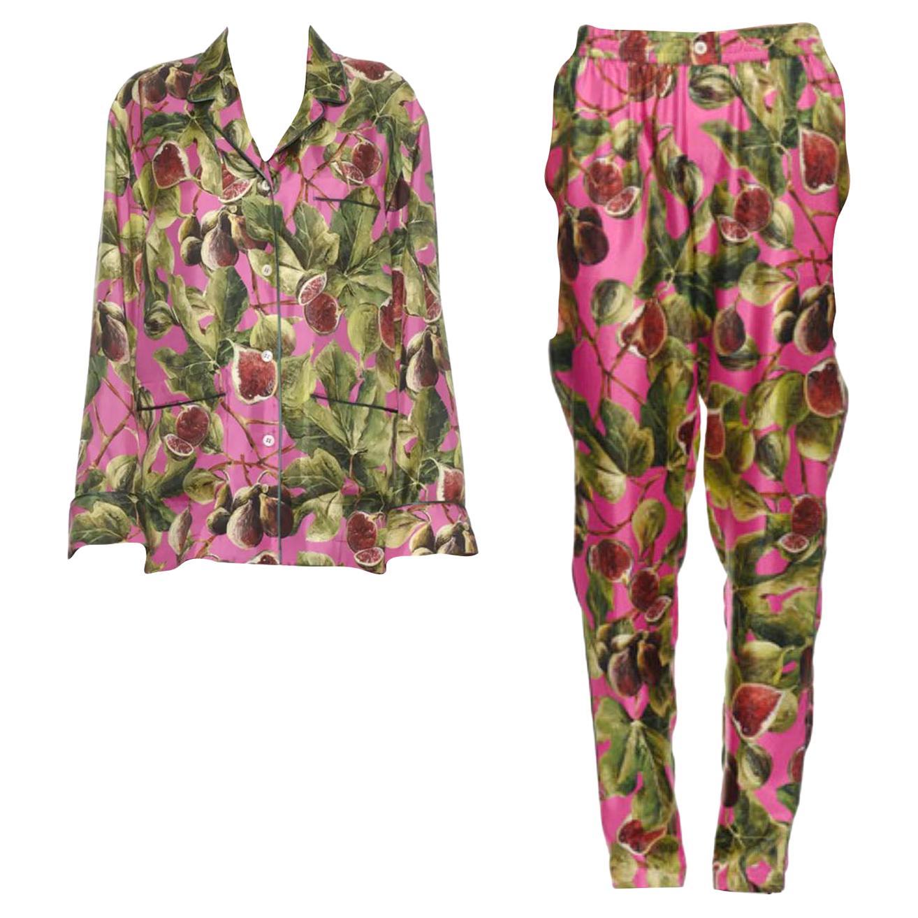 Dolce & Gabbana Pink Green Silk Figs Twill Pajama Blouse & Pants Multicolor  For Sale