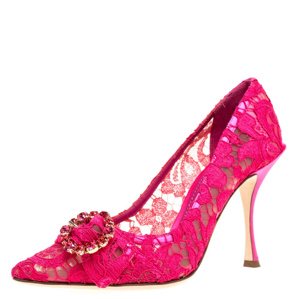 A beautifully-constructed pair by Dolce & Gabbana to give you a luxurious feel. The pumps are constructed in a pointed-toe style and lifted on 10 cm heels. The embellishments and the pink color of the lace amplify the pair's appeal.

Includes: