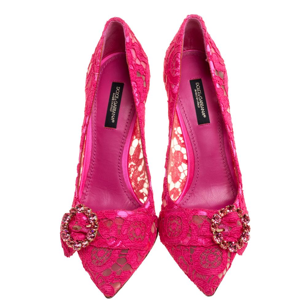 Dolce & Gabbana Pink Lace Crystal Embellished Pointed Toe Pumps Size 37 In Excellent Condition In Dubai, Al Qouz 2