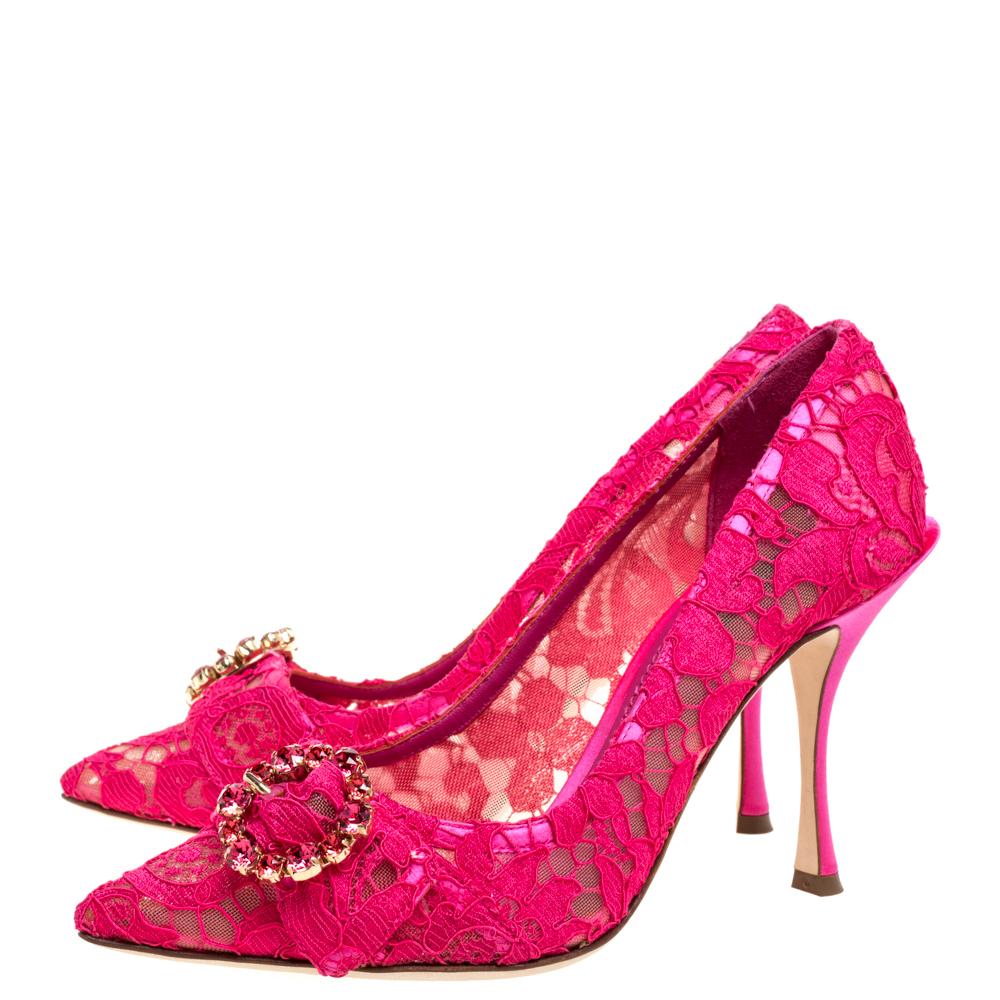 Women's Dolce & Gabbana Pink Lace Crystal Embellished Pointed Toe Pumps Size 37