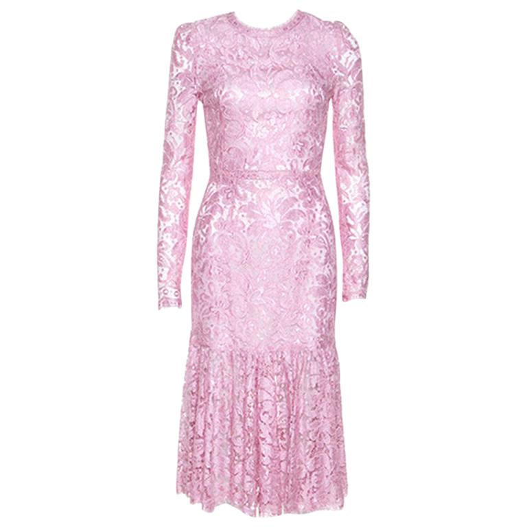 Dolce & Gabbana Pink Lace Flounce Midi Dress S