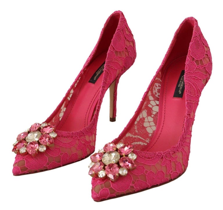 Dolce and Gabbana Pink Lace Leather Bellucci Shoes Heels Pumps Floral DG Crystals at 1stDibs