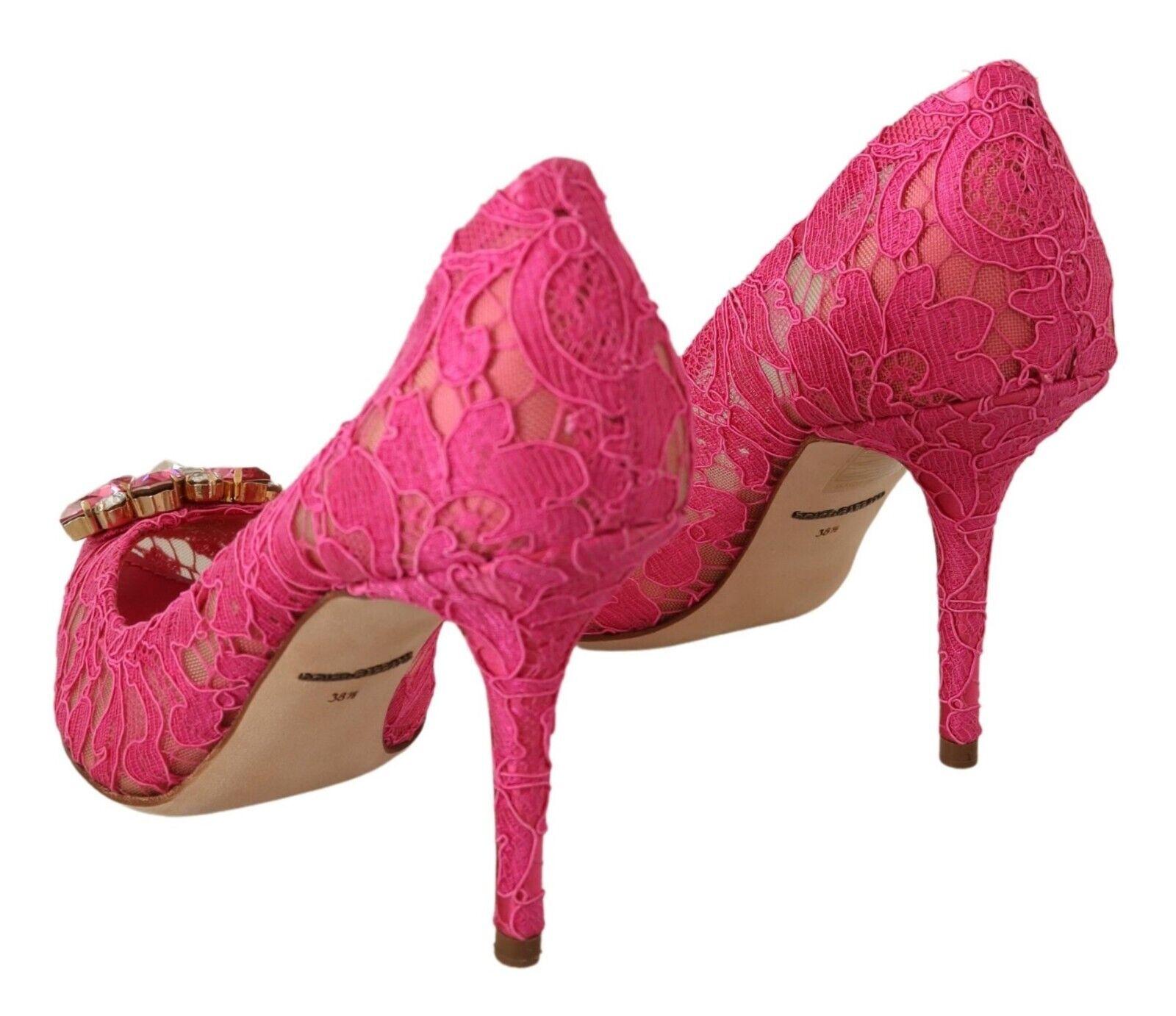 Dolce & Gabbana Pink Lace Leather Bellucci Shoes Heels Pumps Floral DG Crystals In New Condition In WELWYN, GB