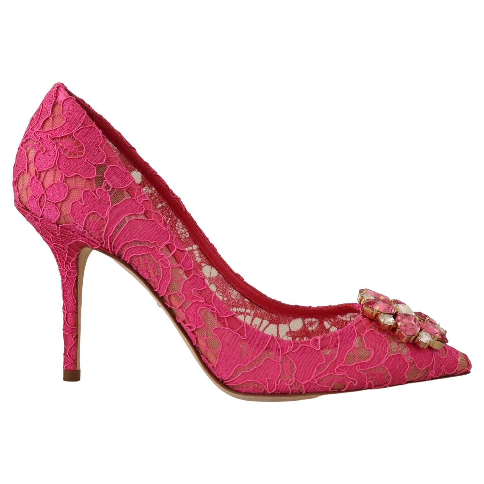 Dolce & Gabbana Pink Lace Leather Bellucci Shoes Heels Pumps Floral DG Crystals