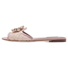 Dolce & Gabbana Pink Lace Sofia Crystal Embellished Slide Flat Sandals Size 38.5
