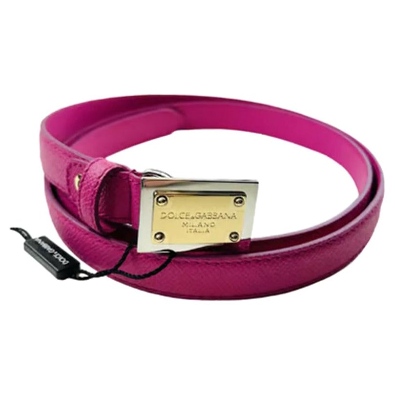 Dolce & Gabbana Pink Leather Belt with Gold DG Logo Details 85cm For Sale