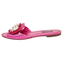 Dolce 
Gabbana Pink Leather Crystal Embellished Flat Slides Size 37.5