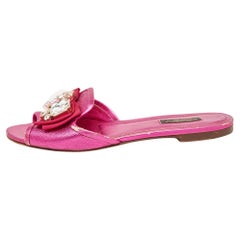 Used Dolce & Gabbana Pink Leather Crystal Embellished Flat Slides Size 37.5