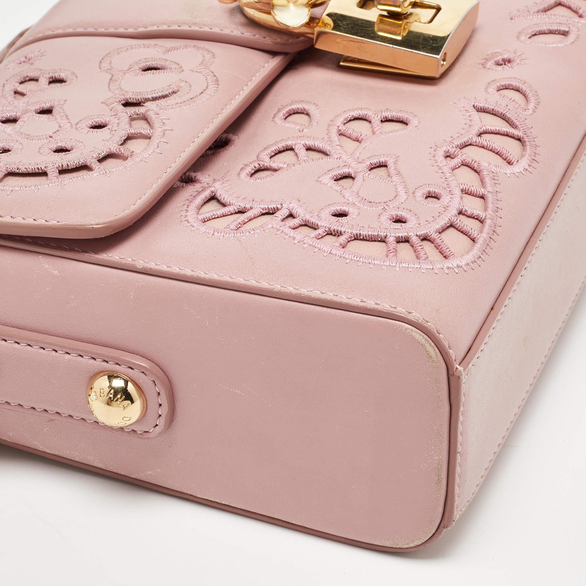 Dolce & Gabbana Pink Leather Embroidered Dolce Shoulder Bag For Sale 8