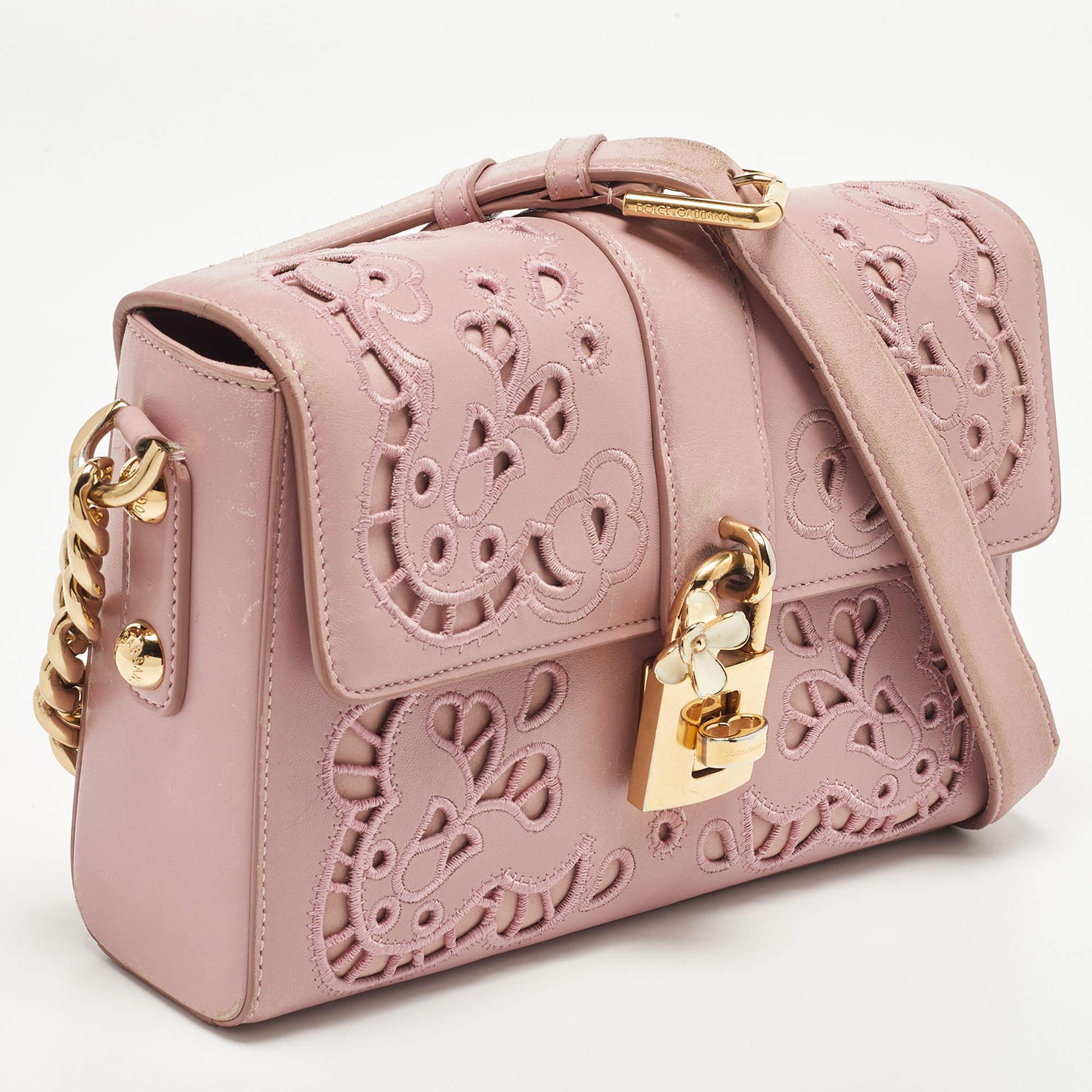 Women's Dolce & Gabbana Pink Leather Embroidered Dolce Shoulder Bag For Sale