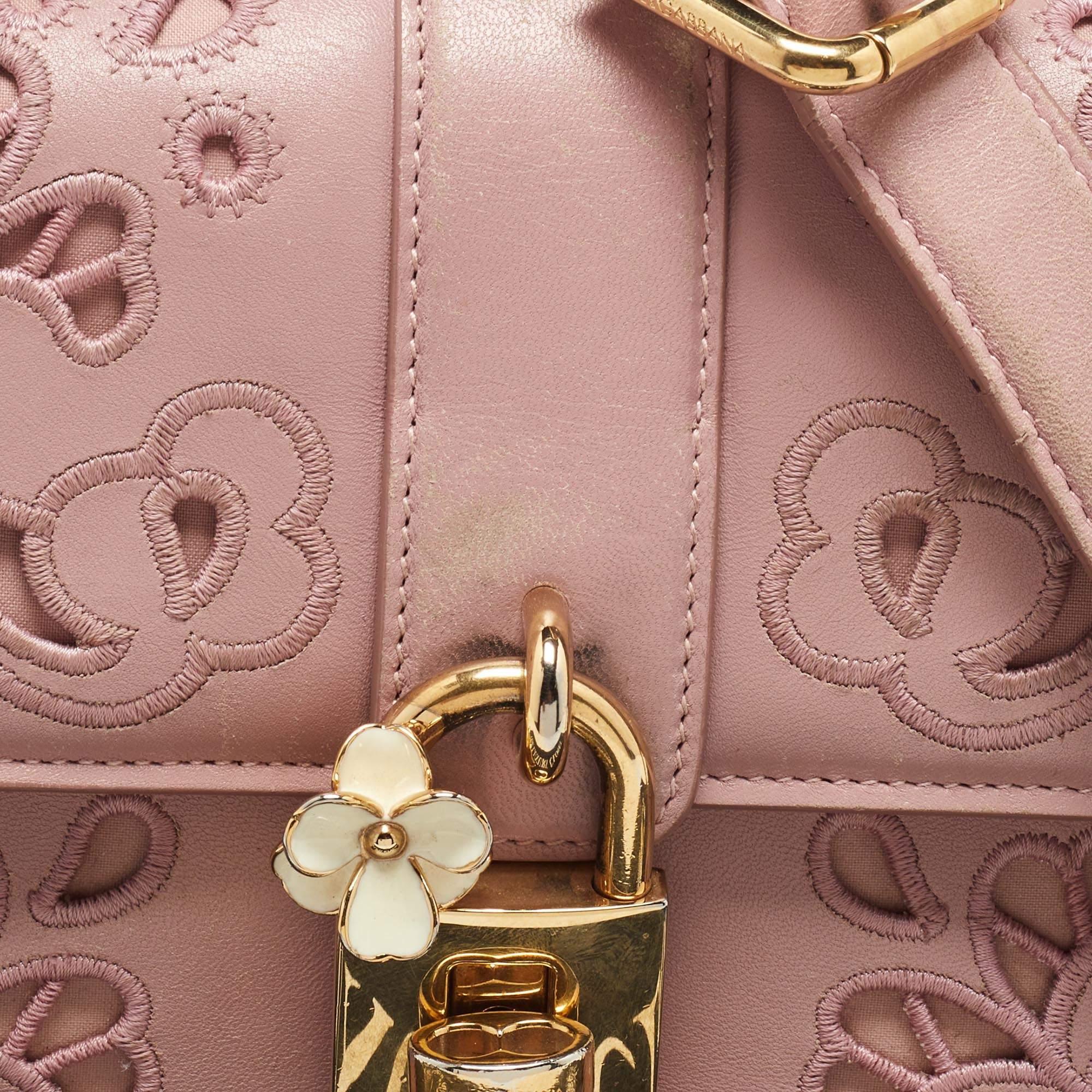 Dolce & Gabbana Pink Leather Embroidered Dolce Shoulder Bag For Sale 4