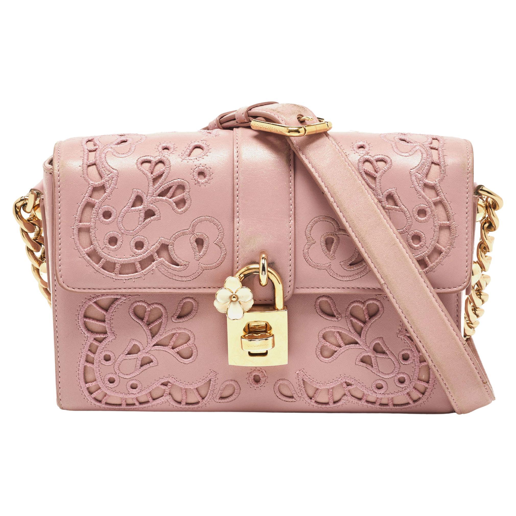 Dolce & Gabbana Pink Leather Embroidered Dolce Shoulder Bag