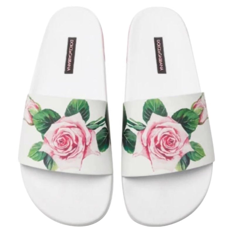 Dolce 
Gabbana Pink Leather Floral Tropical Rose Flats Slides Shoes Sandals