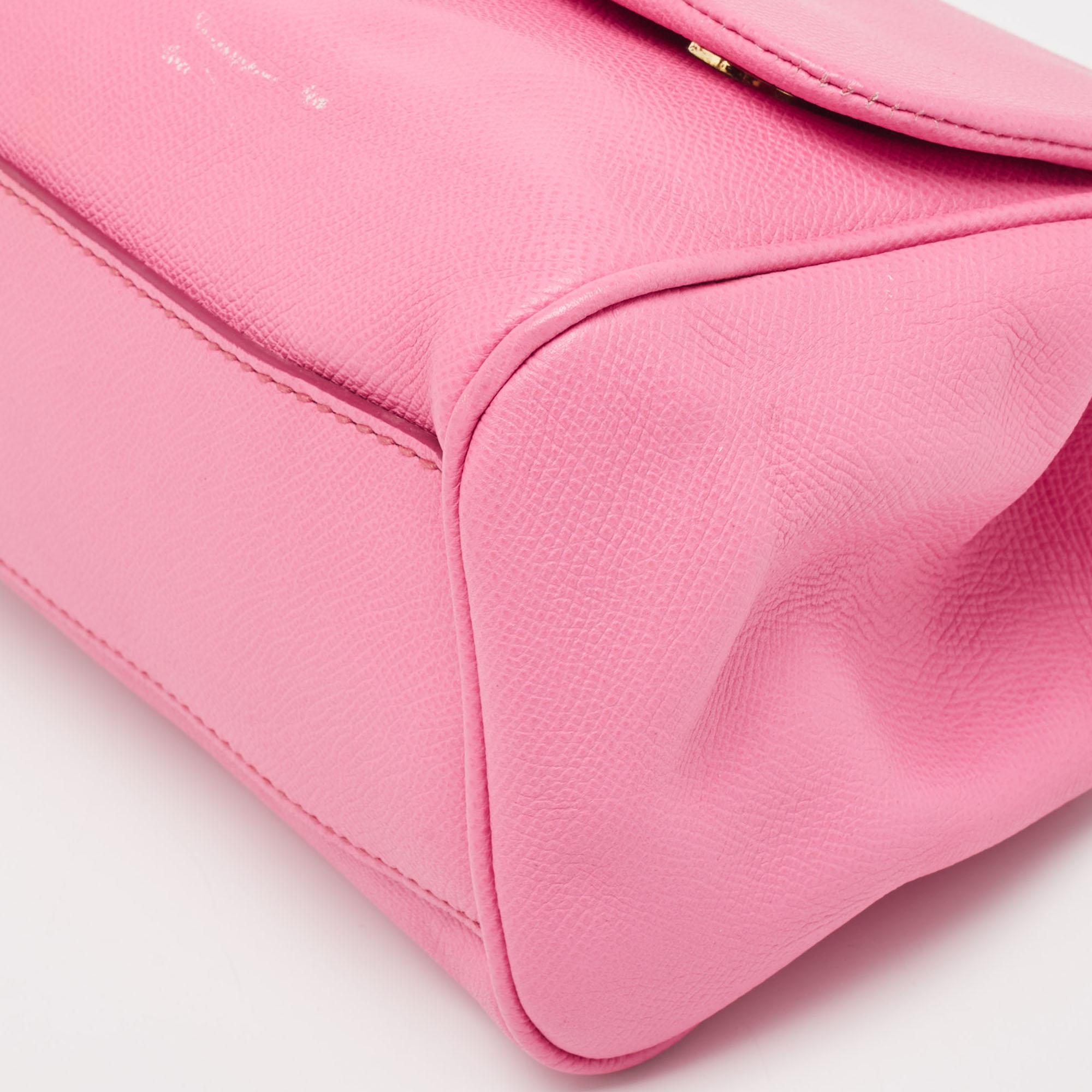 Dolce & Gabbana Pink Leather Medium Miss Sicily Top Handle Bag For Sale 14