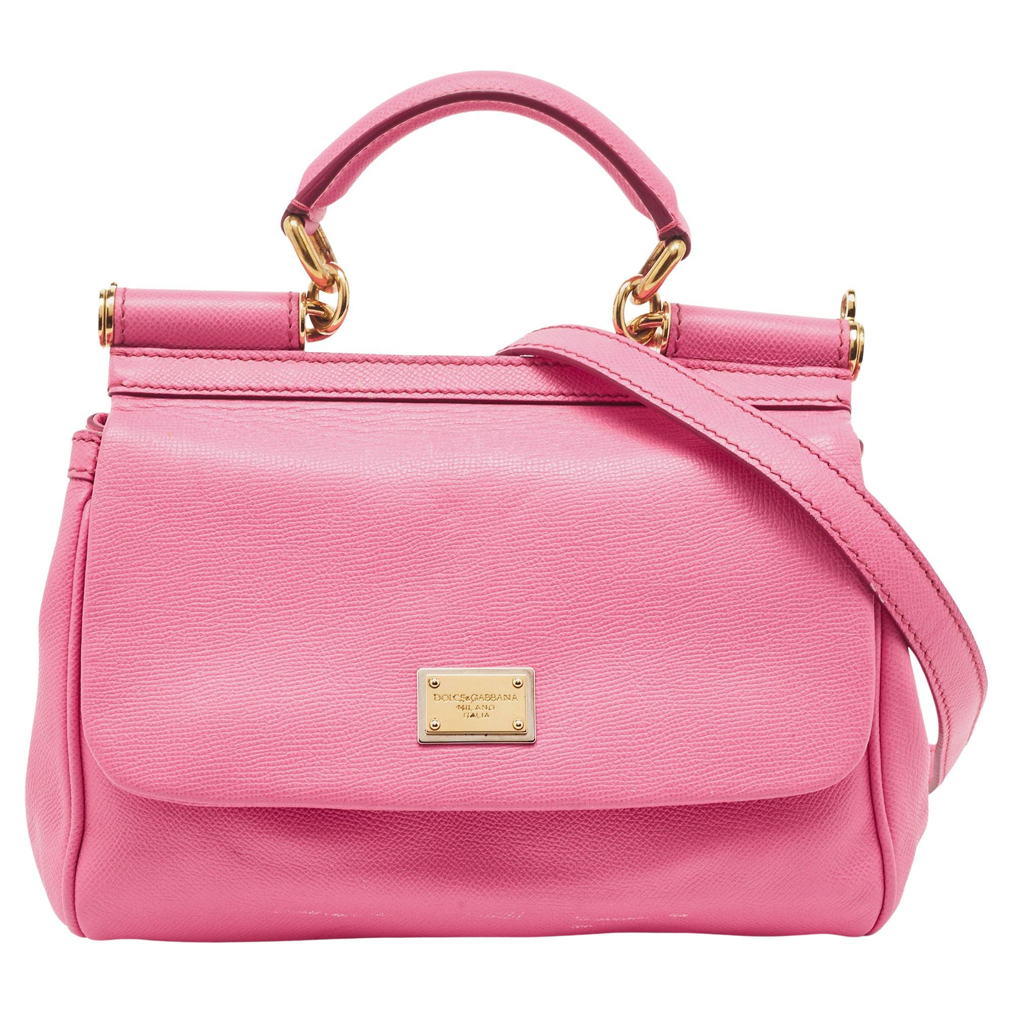 Dolce & Gabbana Pink Leather Medium Miss Sicily Top Handle Bag For Sale