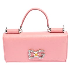 Dolce & Gabbana Pink Leather Miss Sicily Von Crystal Embellished Wallet On Chain