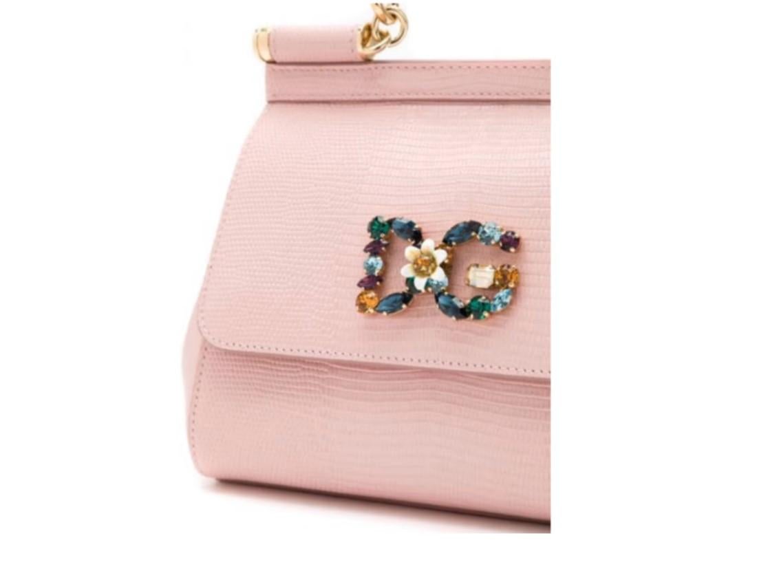 Dolce & Gabbana Pink Leather Sicily Handbag Small DG Multicolor Crystals Logo In New Condition In WELWYN, GB