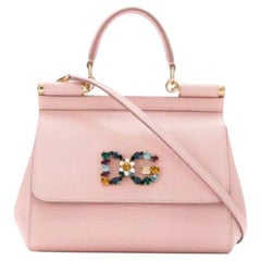 Dolce & Gabbana Pink Leather Sicily Handbag Small DG Multicolor Crystals Logo