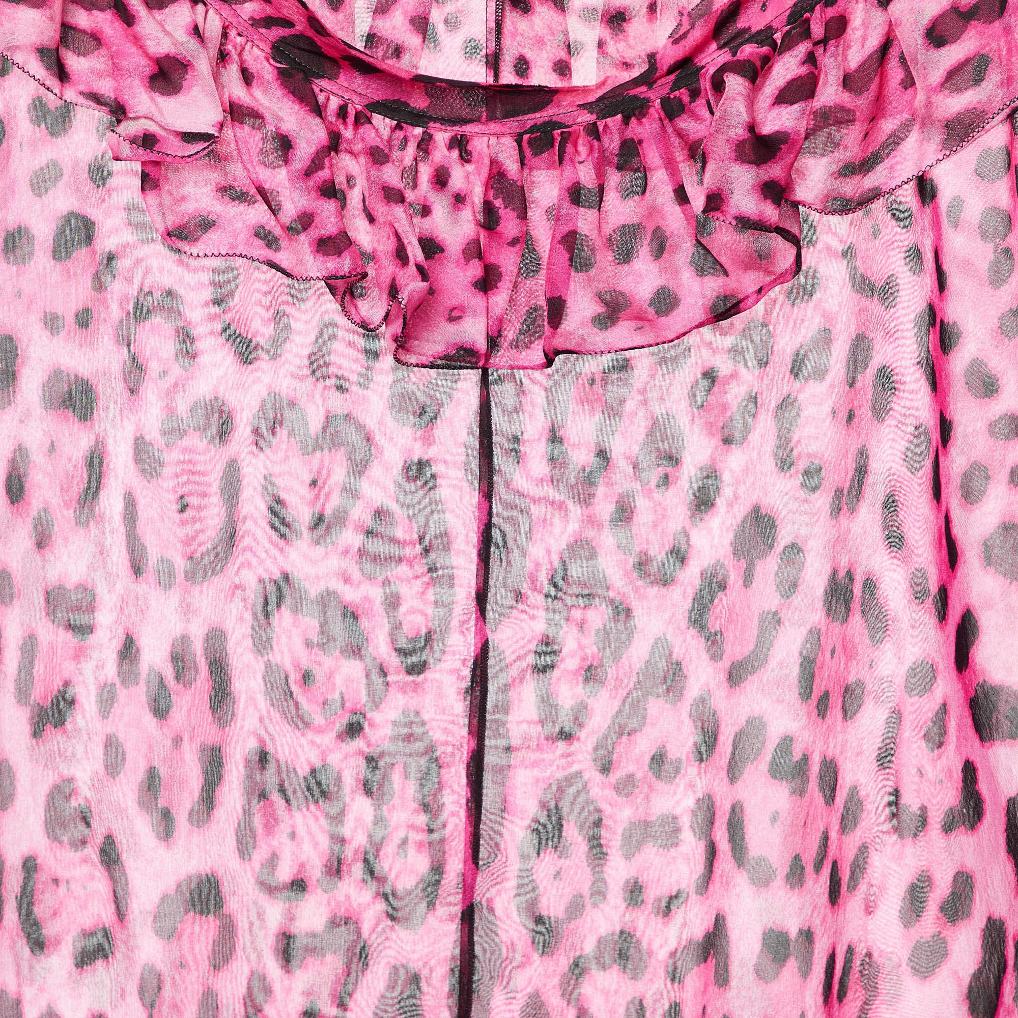 Dolce & Gabbana Pink Leopard Print Silk Ruffle Top L In Good Condition In Dubai, Al Qouz 2