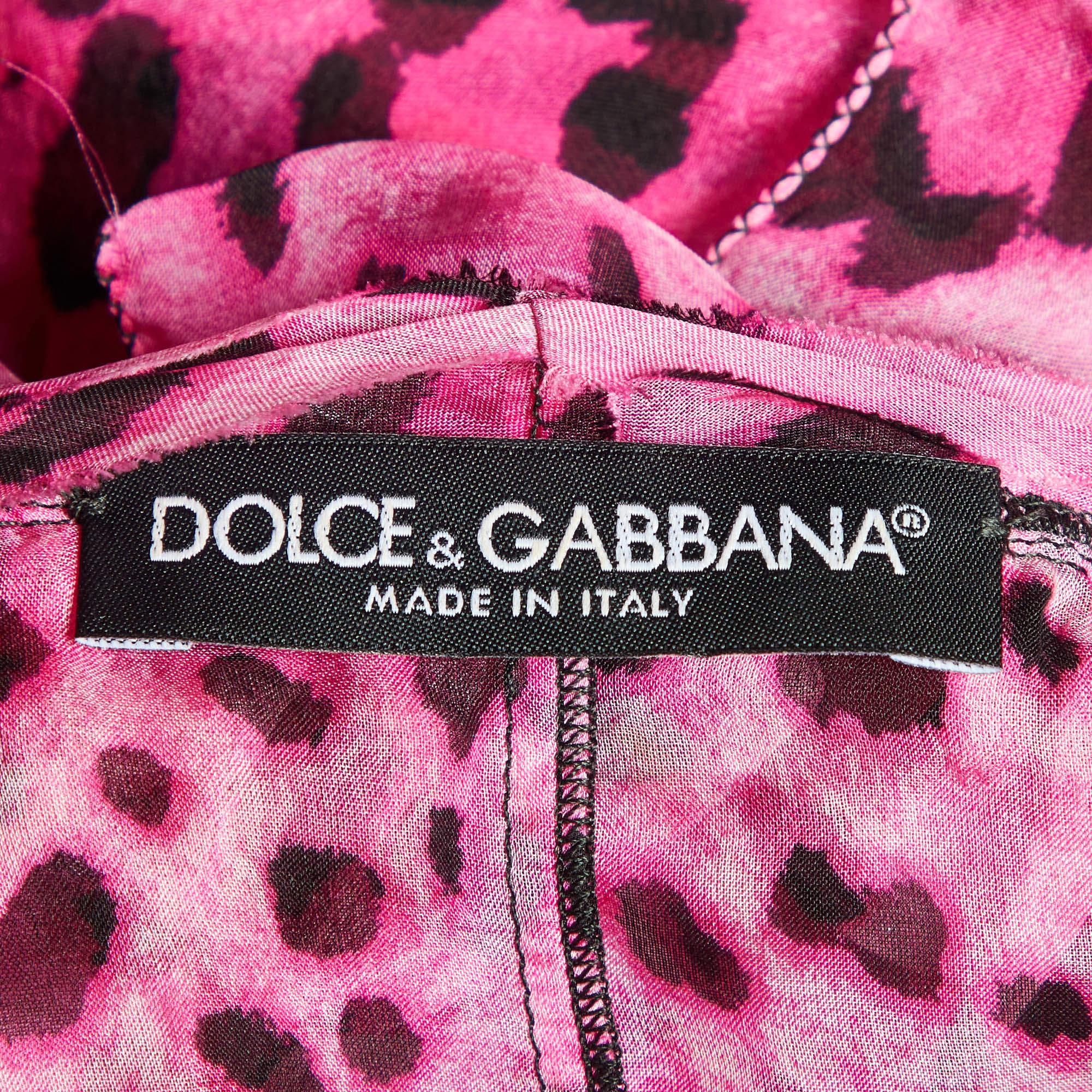 Women's Dolce & Gabbana Pink Leopard Print Silk Ruffle Top L